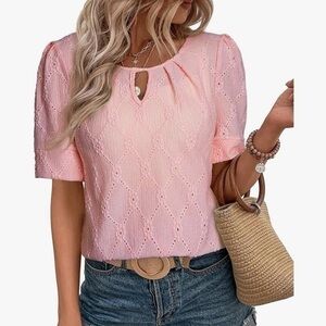 Pink Open Eyelet Soft Stretchy Knit Top Short Sleeves #J08